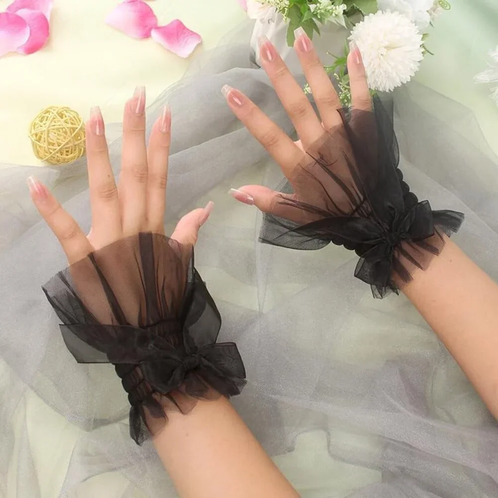 Women's Bow Lace Black Wrist Cuff Hand Sleeve Gloves Wedding Party Decoration